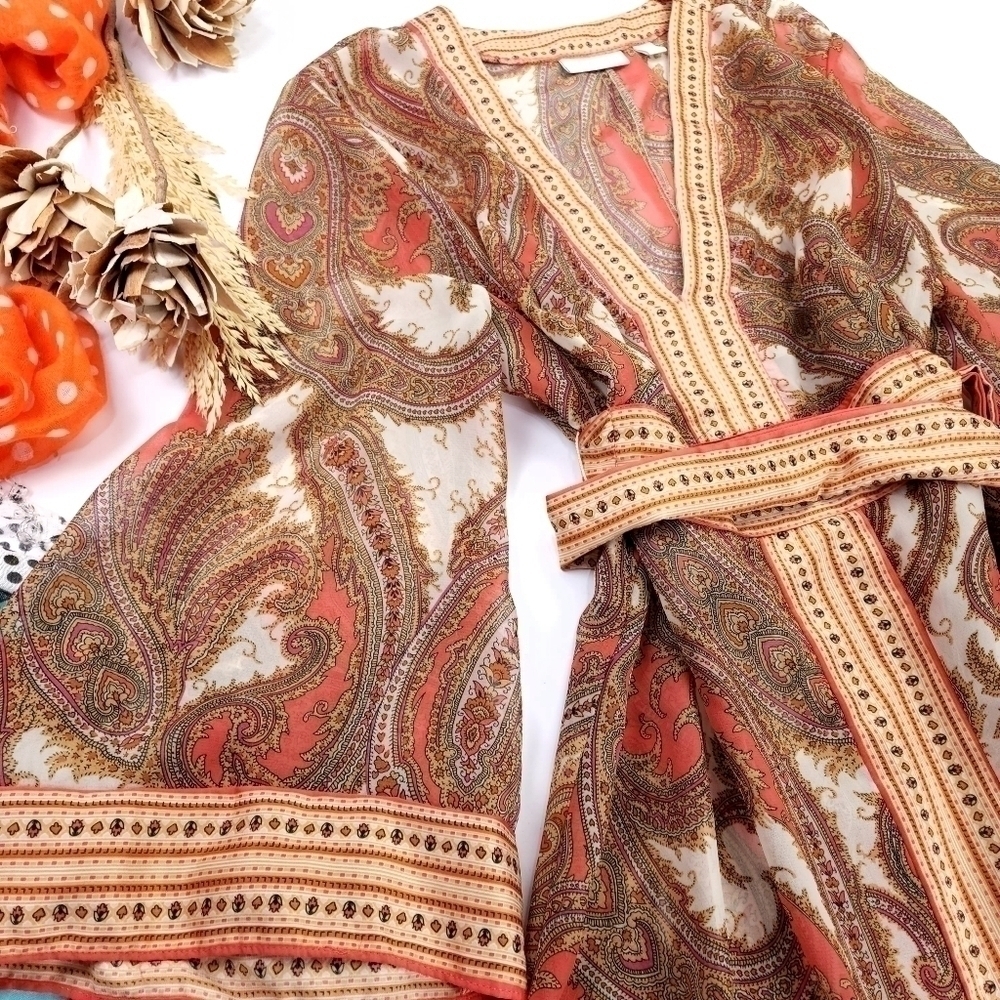 New York Company Sheer Brown Tan Orange Belted Dress Sz XL - Picture 4 of 10